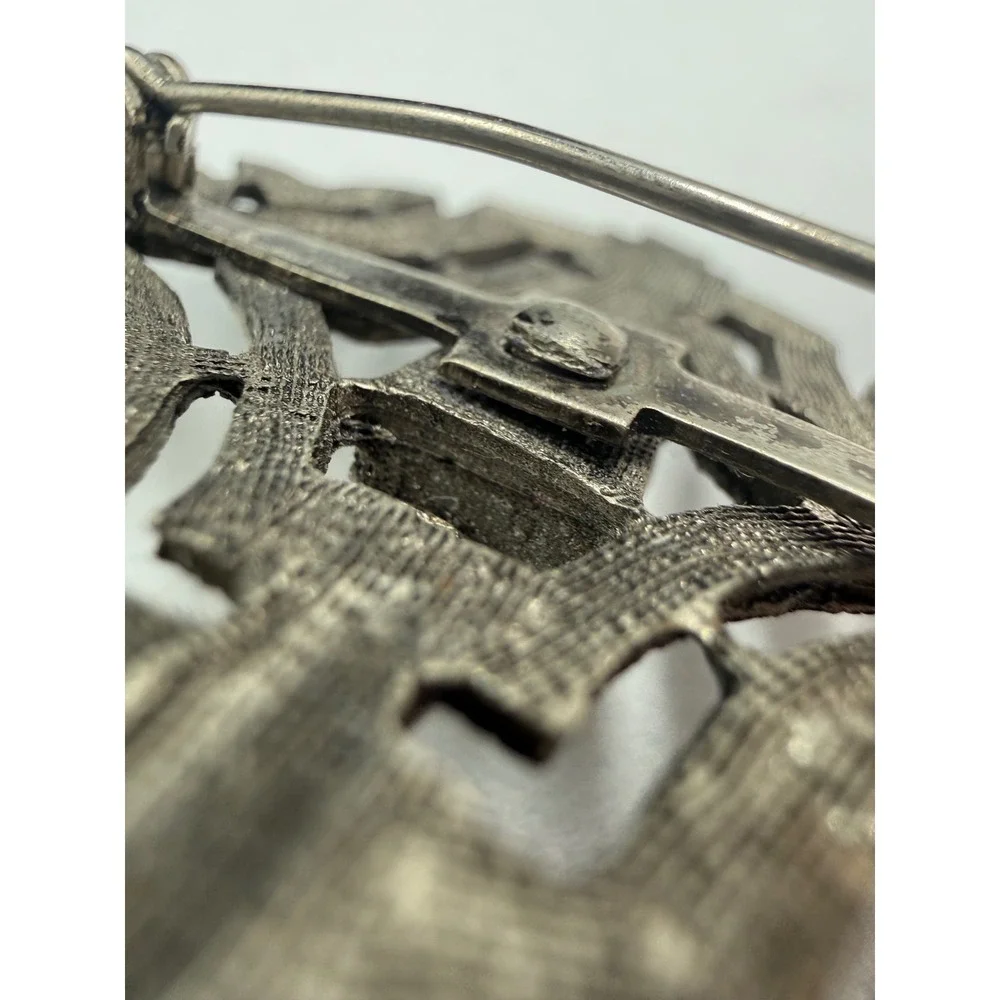 Vintage Art Deco Silver Tone Black Enamel Geometric Openwork Filigree Brooch Pin